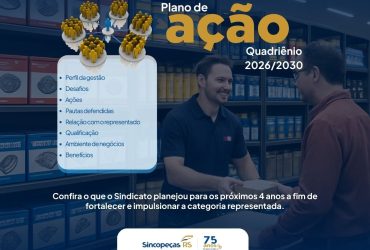Gestão 2026/2030 do Sincopeças-RS projeta plano de açãoQuatro anos para fortalecer e impulsionar a categoria representada.