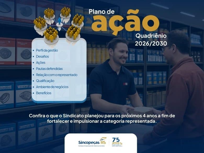 Gestão 2026/2030 do Sincopeças-RS projeta plano de açãoQuatro anos para fortalecer e impulsionar a categoria representada.