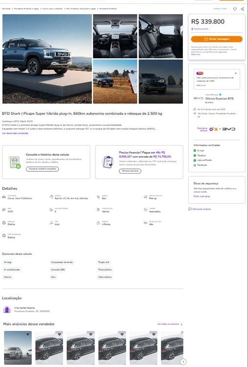 OLX passa a vender carros 100% elétricos e super híbridos da BYD