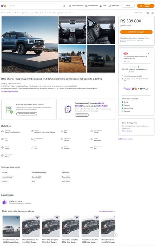 OLX passa a vender carros 100% elétricos e super híbridos da BYD